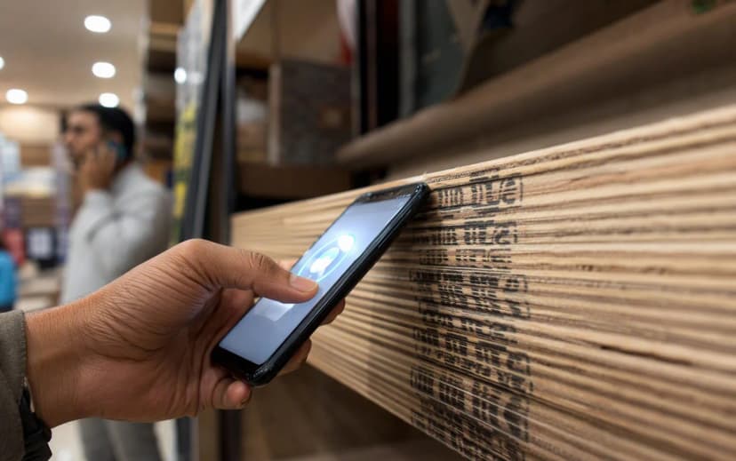 Verifying a plywood sheet's stamped CM/L licence number with a smartphone at a hardware store