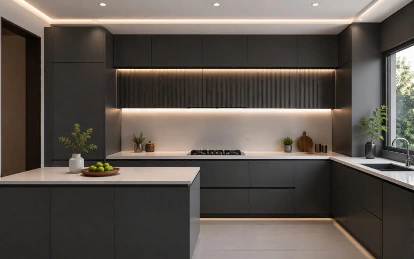 A contemporary kitchen with flat-panel handleless matte charcoal cabinets, white countertop and recessed LED strip lighting