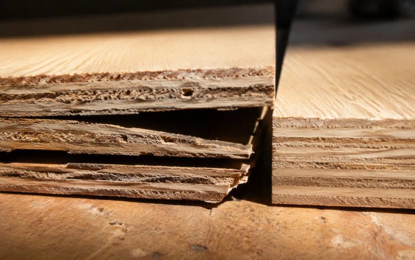Cross-section comparison of two plywood blocks, one with tight gap-free hardwood layers and dark glue lines, the other with visible gaps and voids between lighter plies