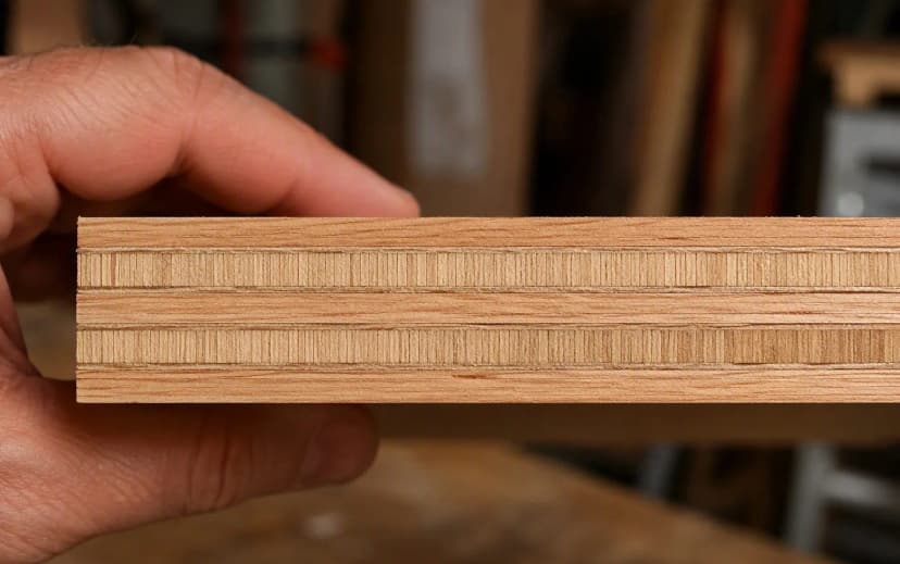 Plywood edge held in hand showing alternating veneer layers with grain running in opposite directions