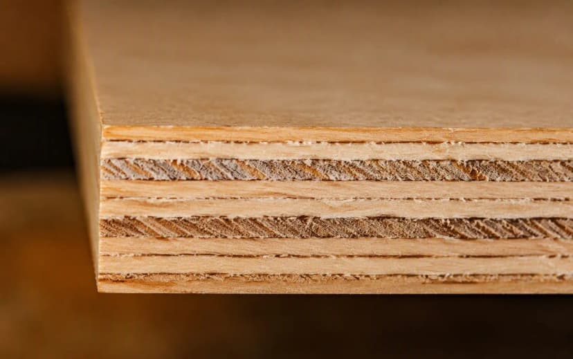 Cross-section of a plywood sheet showing alternating veneer layers with grain running in opposite directions