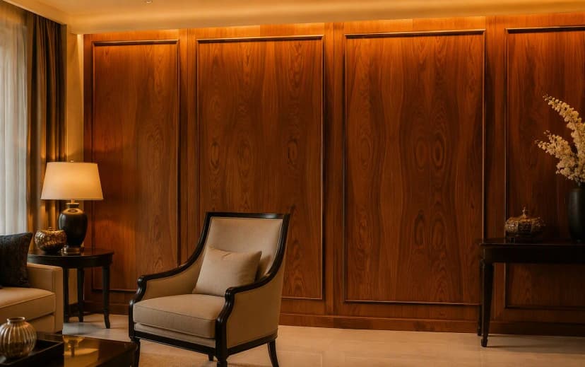 Elegant Indian living room with teak veneered plywood wall panels showing rich natural wood grain under warm cove lighting