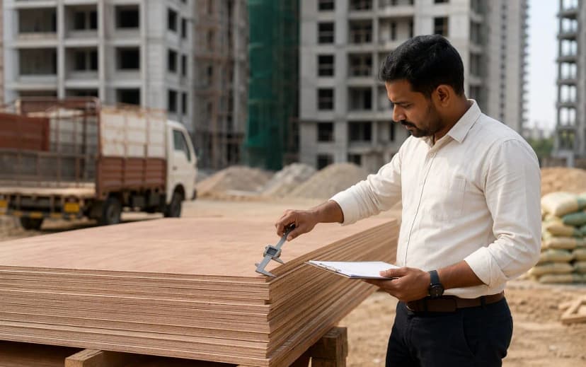 Man checking a delivered plywood stack with a digital caliper and invoice at a Bangalore apartment construction site