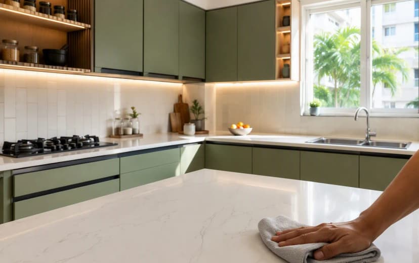 Bright Indian modular kitchen with matte laminate cabinets and a white quartz countertop being wiped clean with a microfibre cloth