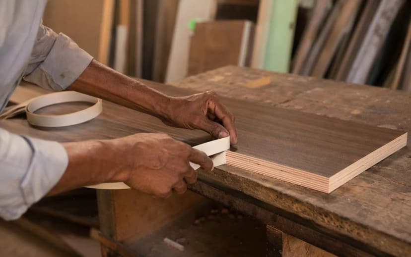 Carpenter applying PVC edge banding to the edge of a laminated plywood panel on a workbench