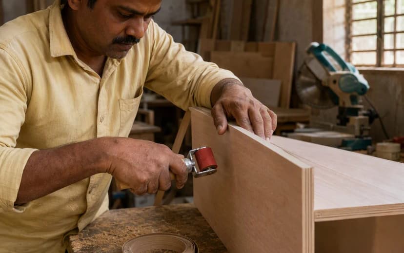 Carpenter applying edge banding to a plywood cabinet edge with a roller to seal it against moisture