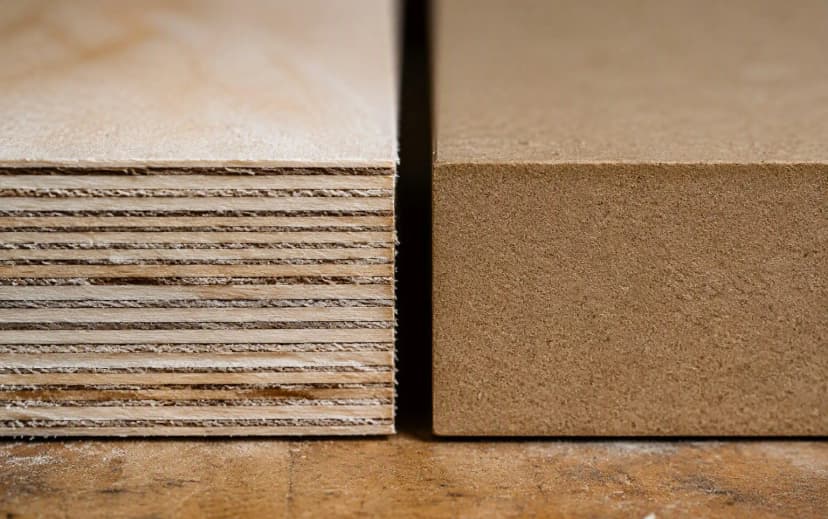 Close-up of plywood's layered veneer edge next to MDF's uniform fibre edge on a workbench