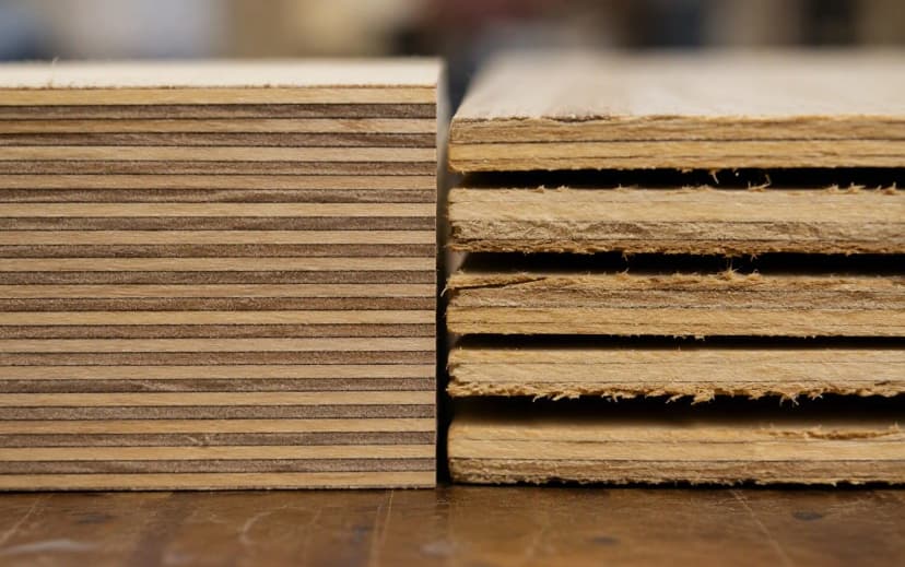 Close-up comparison of two plywood edges &mdash; one with many thin tight plies and no gaps, one with thick plies and visible voids