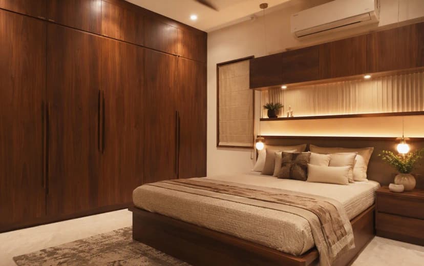 Finished Bangalore bedroom with plywood wardrobe and storage bed in walnut laminate
