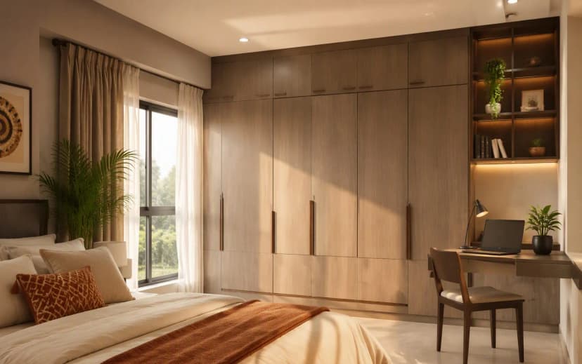 Finished Indian bedroom interior with a floor-to-ceiling laminated plywood wardrobe and study desk in warm afternoon light
