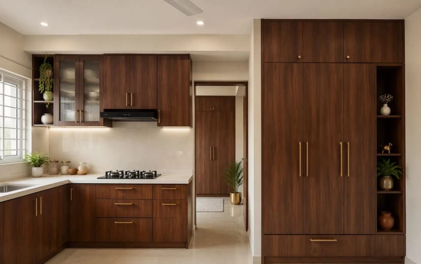 Finished renovated Indian kitchen and wardrobe area with warm walnut laminate cabinets, quartz countertop and brass handles