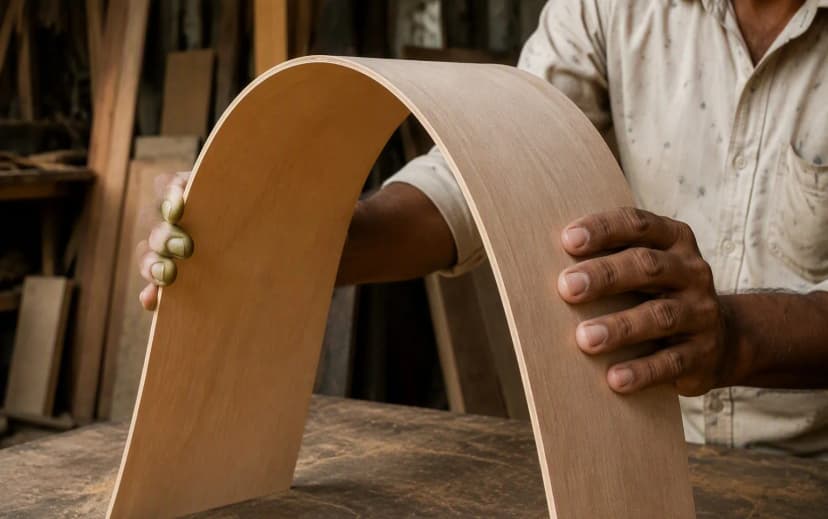 Carpenter bending a thin sheet of flexible plywood into a smooth arc without cracking it, in a workshop