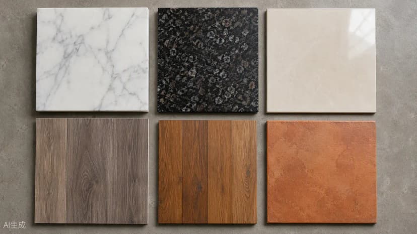 Flooring material samples for Indian homes: marble, granite, vitrified tile, laminate, wood and terracotta compared side by side