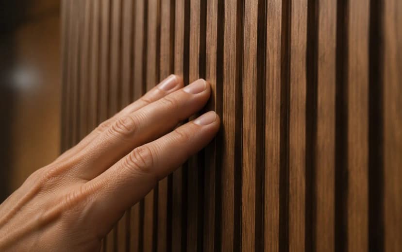 Close-up of a hand touching a fluted walnut laminate panel showing groove texture and light-shadow play
