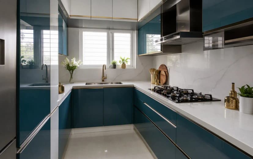 Compact modern kitchen with high-gloss teal and white laminate shutters reflecting window light, white quartz counter