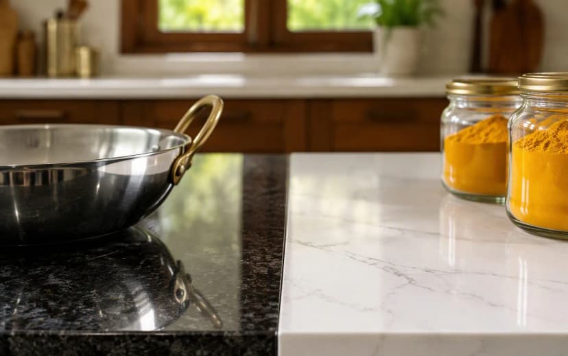 Dark granite and white veined quartz kitchen countertops side by side with a steel kadai and turmeric jars