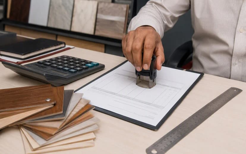 GST invoice being stamped at a building materials store billing desk with laminate samples and calculator