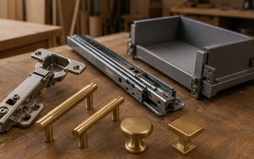 Premium renovation hardware laid out — soft-close hinges, telescopic drawer channel, tandem box fitting and brushed brass handles and knobs