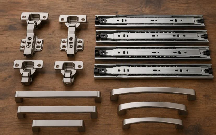 Flat lay of soft-close hinges, telescopic drawer channels and cabinet handles on a workbench for quality inspection