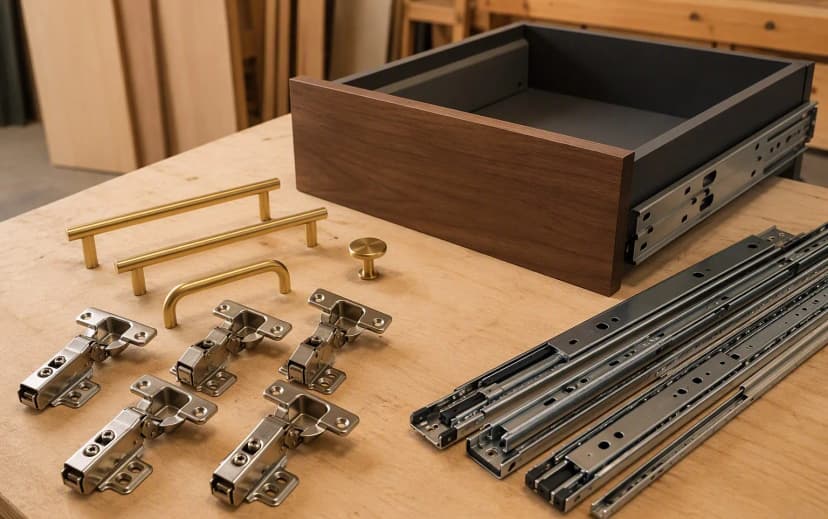 Soft-close hinges, telescopic drawer channels, a drawer box system and brass handles arranged on a carpenter's workbench