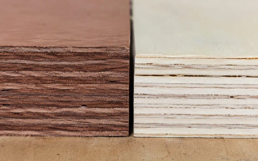 Comparison of two plywood edges showing dense dark hardwood eucalyptus veneer layers versus thin pale poplar softwood layers with gaps