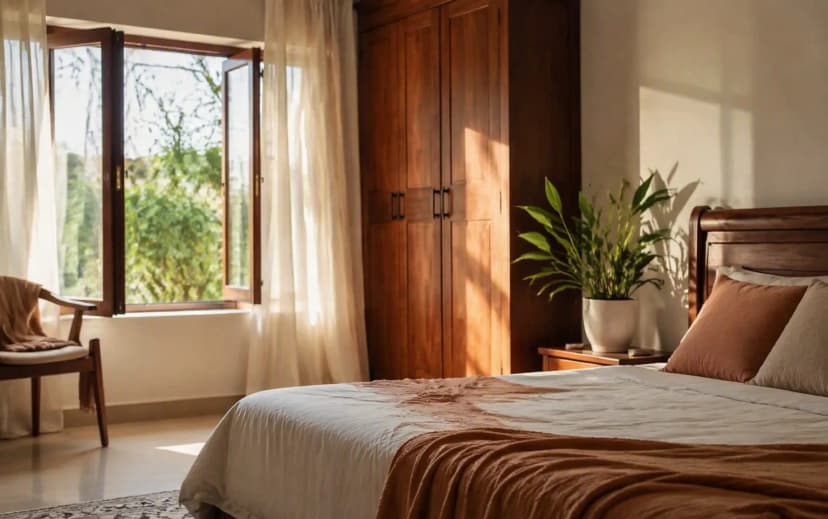 Indian bedroom with open windows, fresh air, wooden furniture and healthy green plants in soft morning light