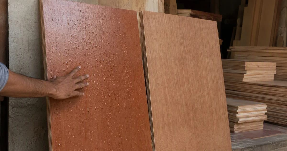 Two plywood sheets side by side at an Indian dealer shop, water beading on the surface of one sheet as a carpenter compares them