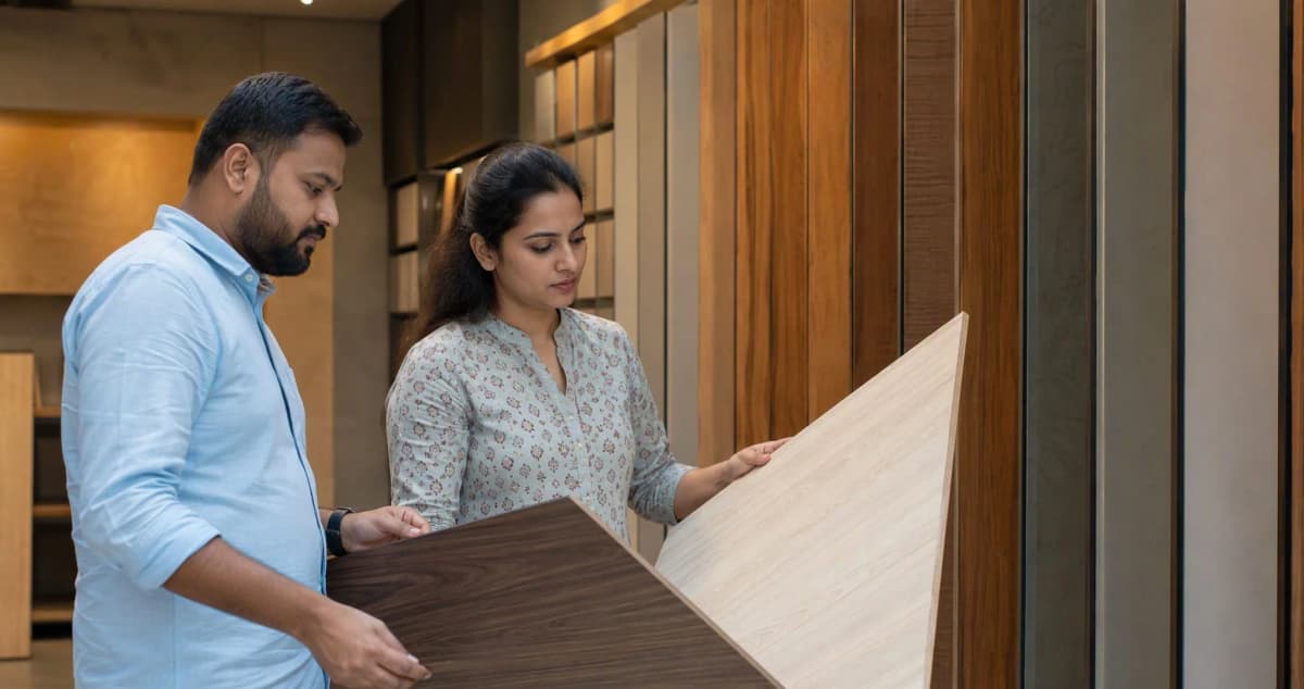 Couple comparing full-size laminate sample boards at a laminate showroom in Bangalore
