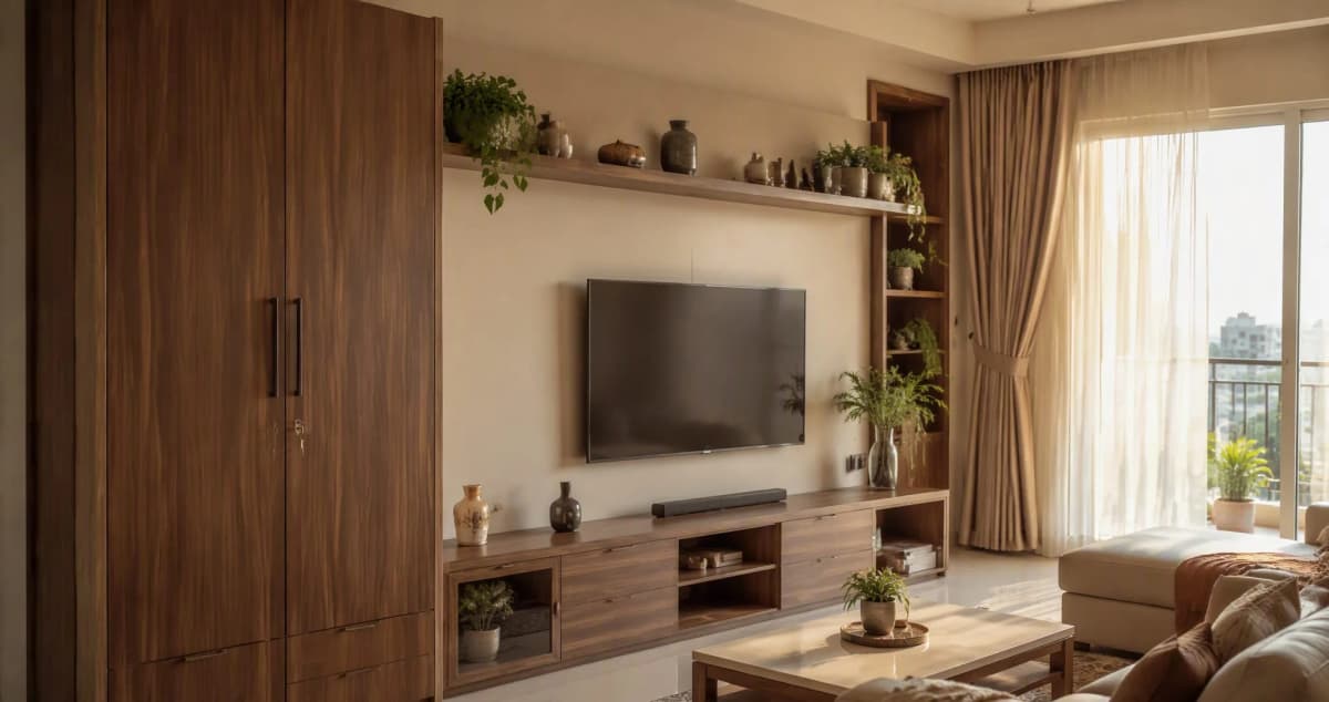 Warm modern Indian living room with quality plywood wardrobe, TV unit and shelving built for long-term durability