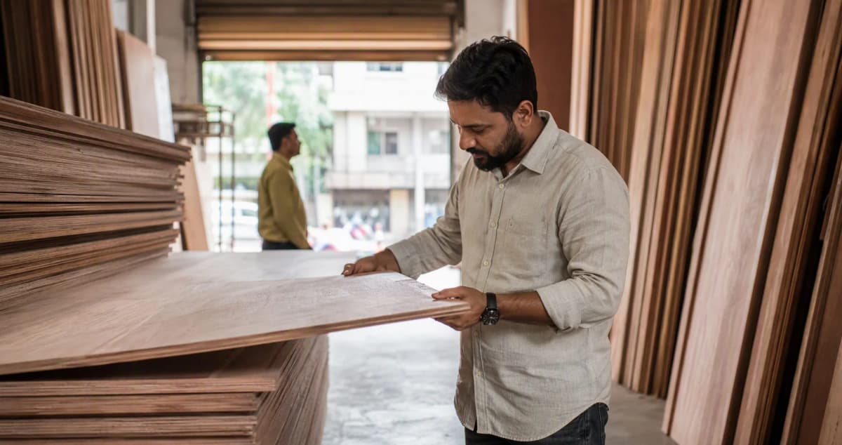 A homeowner inspecting the edge of a plywood sheet pulled from a stack at a Bangalore plywood dealer's shop
