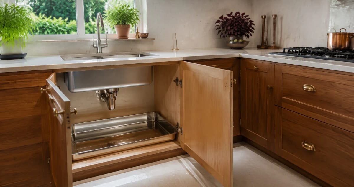 Bangalore kitchen with an open under-sink cabinet showing BWP plywood carcass, stainless steel tray and brass hardware