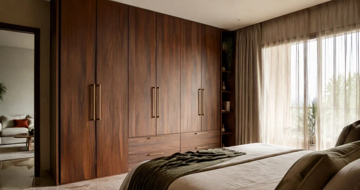 Bedroom wardrobe finished in warm walnut woodgrain laminate with brass handles in a Bangalore apartment