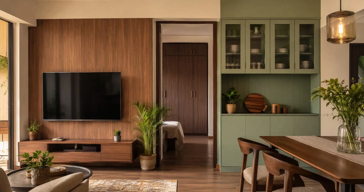 Modern Bangalore apartment living and dining space with woodgrain laminate TV wall, sage laminate crockery unit and walnut laminate wardrobe
