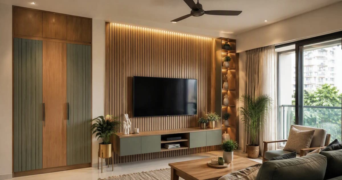 Modern Bangalore living room with fluted woodgrain laminate TV wall, sage green and oak laminate wardrobe shutters