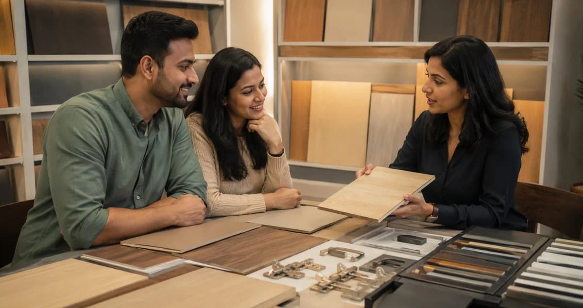 Interior material selection board with plywood edges, laminate swatches, quartz chip, floor tile and paint cards on a Bangalore design studio table