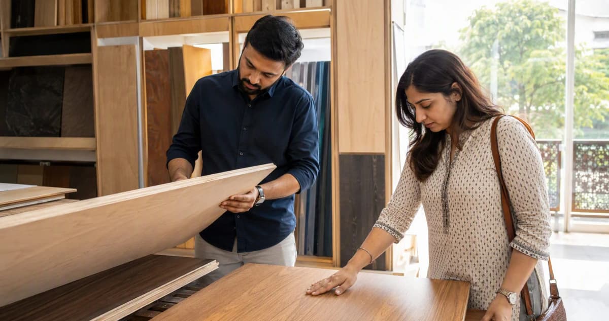 Bangalore couple inspecting plywood edges and laminate sheets at an interior material showroom