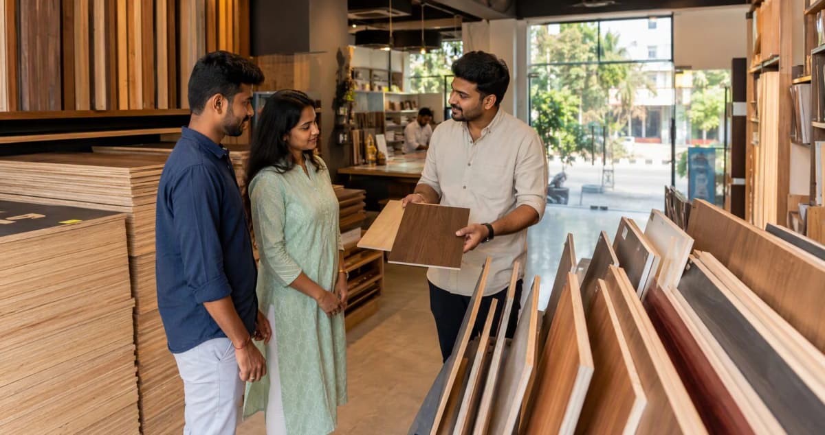 Well-organised interior material shop in Bangalore with plywood stacks and a salesperson showing laminate samples to homeowners