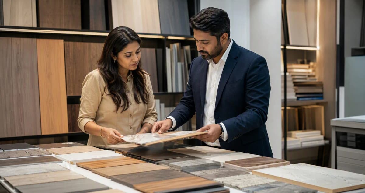 Interior designer examining laminate samples with a consultant at a material library in an Indian showroom