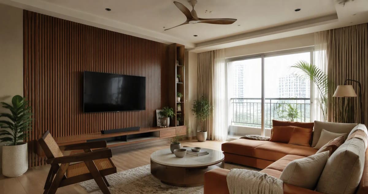 Modern Bangalore living room with a walnut fluted panel TV wall, terracotta sofa, indoor plants and warm earthy palette
