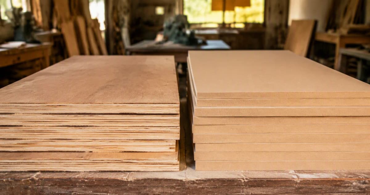 Stack of plywood sheets with visible layered edges beside smooth uniform MDF boards in an Indian furniture workshop