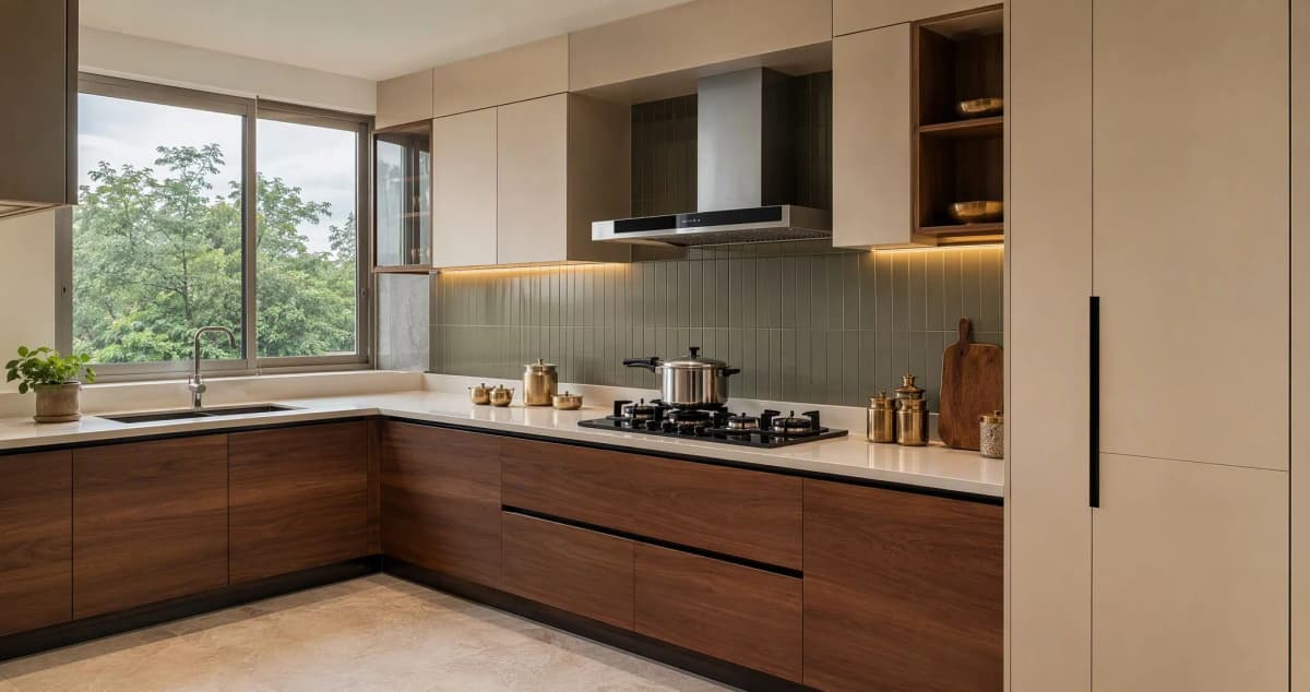 Modern modular kitchen in a Bangalore home with walnut laminate base cabinets, cream tall units, quartz countertop and stainless chimney