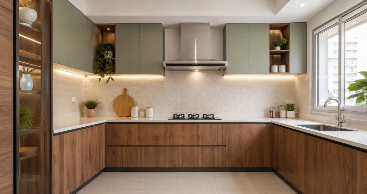 A brand-new L-shaped modular kitchen in an Indian apartment with walnut lower cabinets, sage upper shutters, chimney and under-cabinet lighting