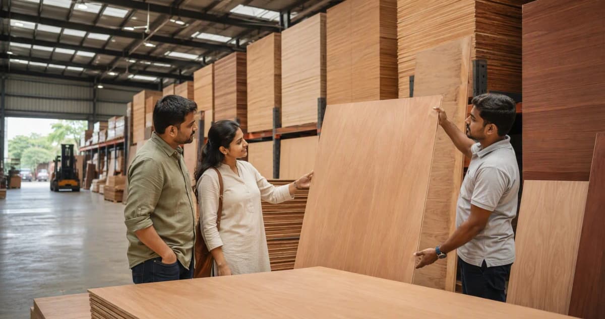 A couple examining a full plywood sheet with a staff member inside a plywood warehouse store in Bangalore