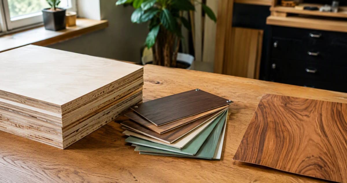 Plywood board stack showing layered cross-section, fanned laminate swatches, and a natural teak veneer sheet on an oak workbench