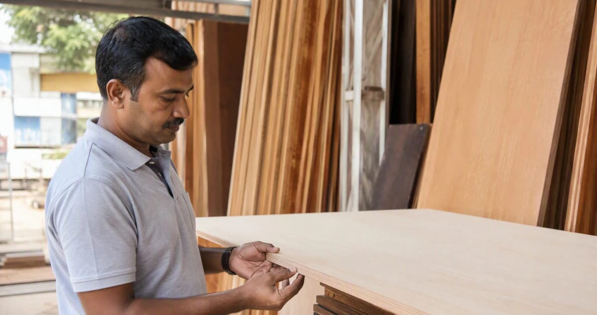 Bangalore homeowner inspecting a plywood sheet edge at a plywood dealer shop before buying