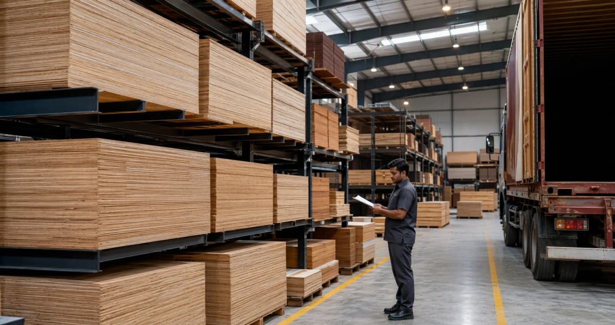 Professional plywood supplier warehouse with neatly stacked sheets on metal racks and a worker checking a delivery manifest
