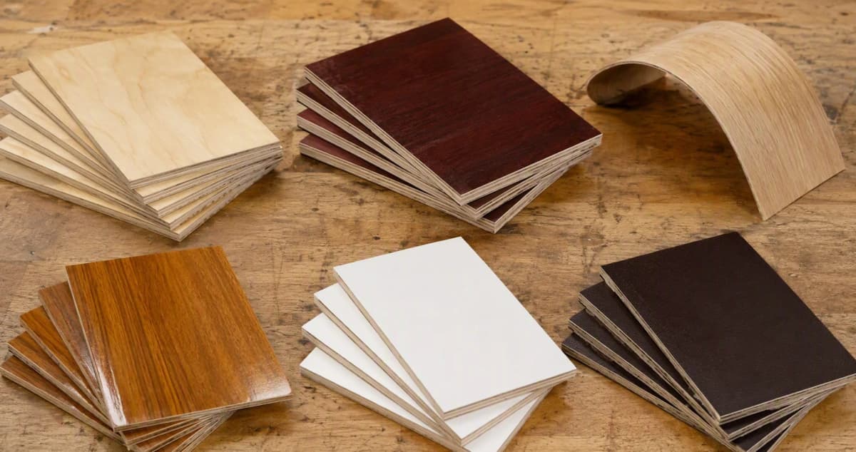 Six plywood sample swatches fanned on a workbench showing commercial, waterproof, flexible, veneered, pre-laminated and film-faced plywood types