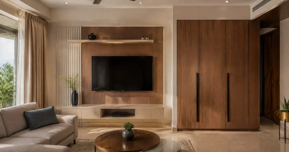 Modern Indian living room with wood veneer TV panel and wardrobe aging gracefully years after installation