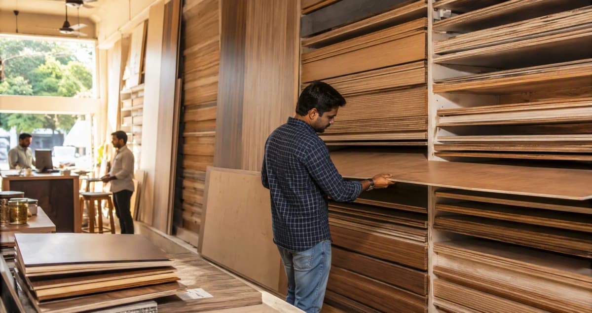 Buyer inspecting the edge of a plywood sheet pulled from a tall stack at a plywood showroom in India
