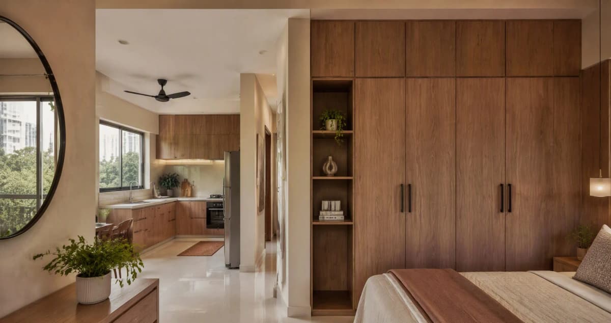 A modern Indian apartment interior showing a plywood kitchen and a plywood wardrobe wall in the bedroom